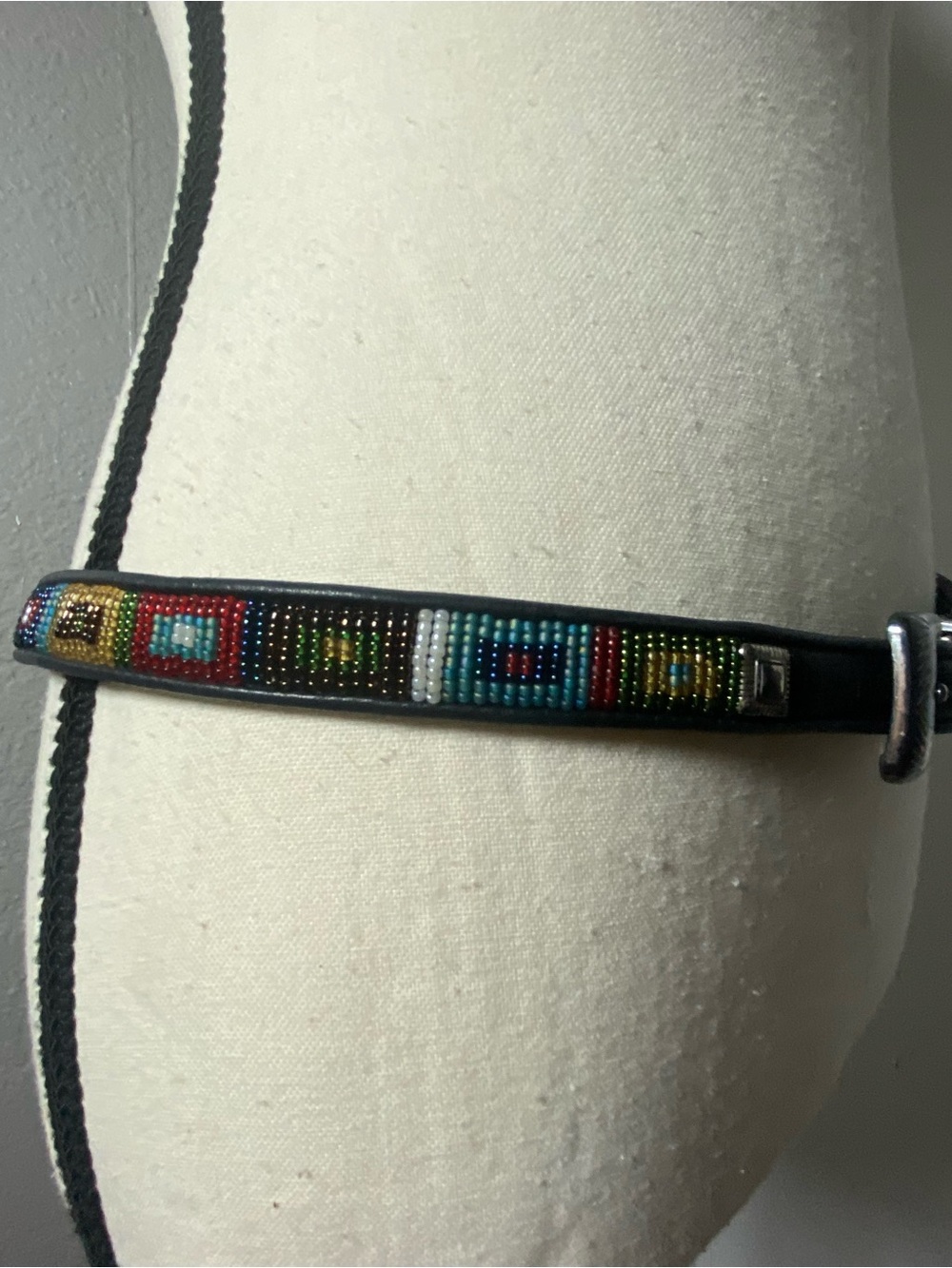 Y2K Brighton Black Leather Multicolor Beaded Skinny Belt Size XL - Picture 3 of 9